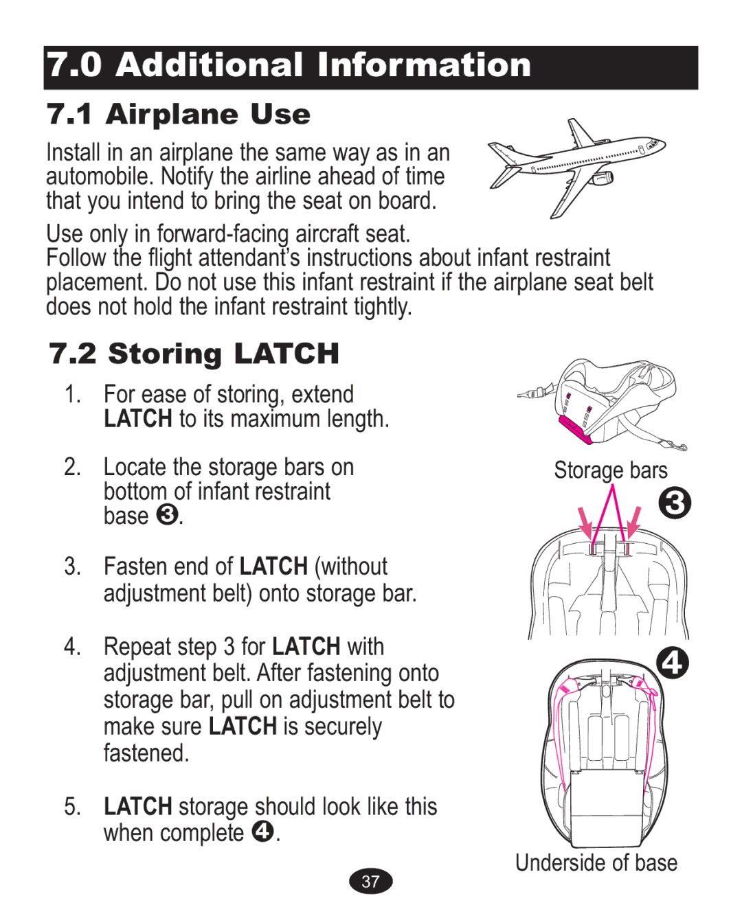 Graco 1750026, 1756483, 1760818, 1757816 owner manual Additional Information, Airplane Use, Storing Latch 