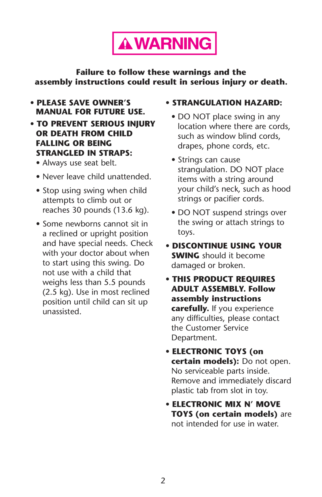 Graco 1757214 owner manual Strangulation Hazard 