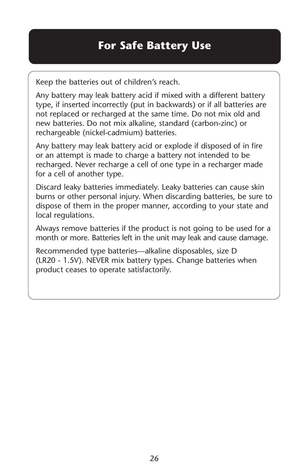 Graco 1757214 owner manual For Safe Battery Use 