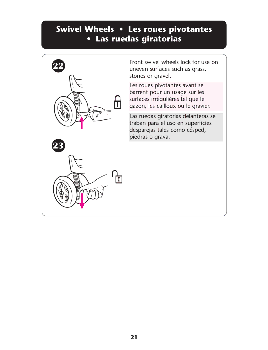 Graco 1757978, 1755545 owner manual Swivel Wheels Les roues pivotantes Las ruedas giratorias 