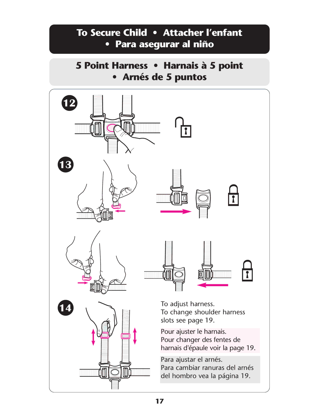 Graco 1757978 To Secure Child Attacher l’enfant Para asegurar al niño, Point Harness Harnais à 5 point Arnés de 5 puntos 