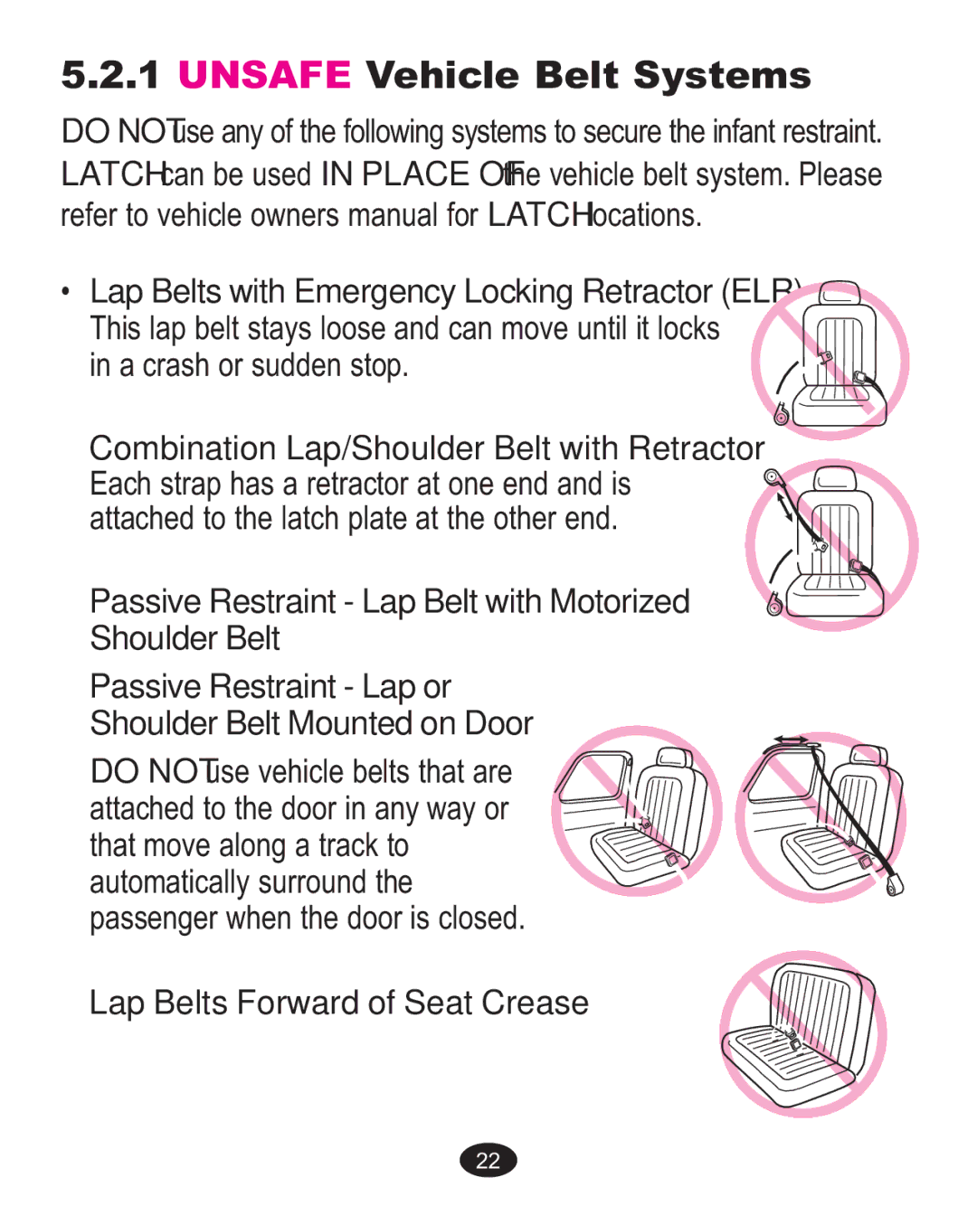 Graco 1757978, 1755545 owner manual Unsafe Vehicle Belt Systems, Lap Belts Forward of Seat Crease 