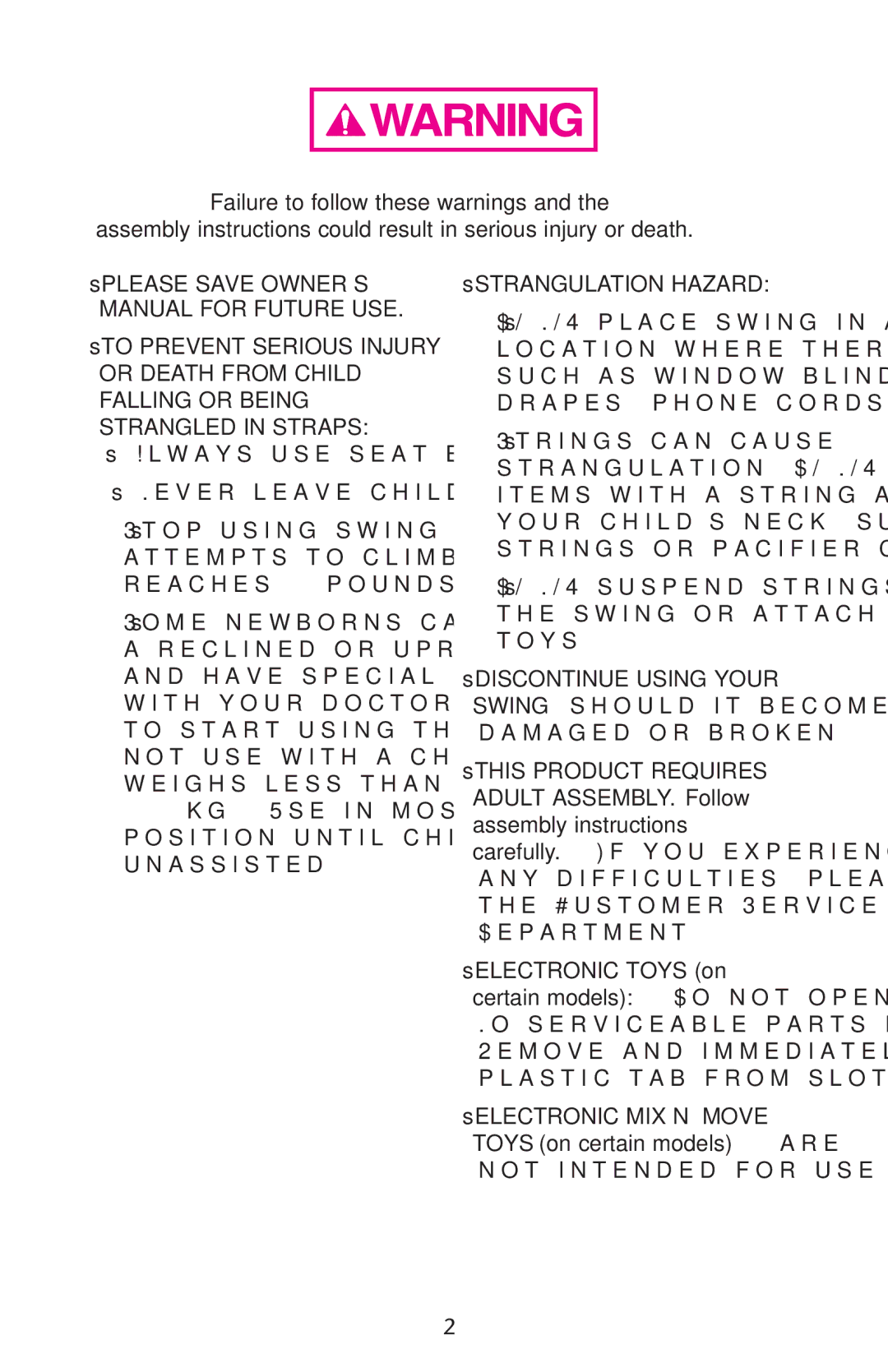 Graco 1760908, 1760956, PD120910A owner manual Manual for Future USE, SsTO Prevent Serious Injury, SsSTRANGULATION Hazard 