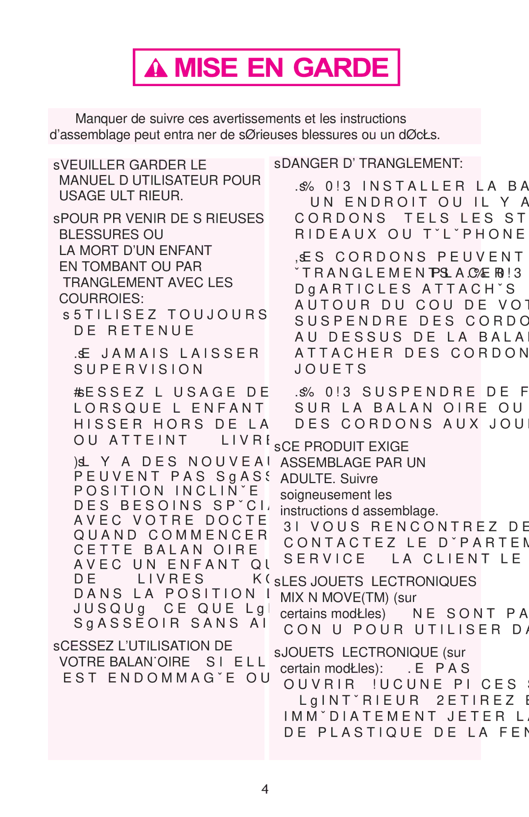 Graco PD120910A, 1760956 Manuel D’UTILISATEUR Pour Usage Ultérieur, SsPOUR Prévenir DE Sérieuses, SsDANGER Détranglement 