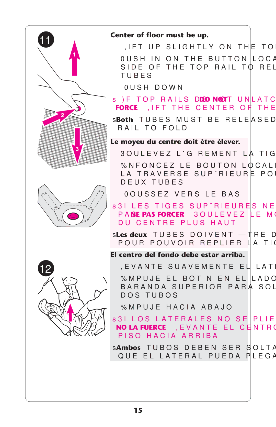 Graco 1760928 manual Center of floor must be up, Le moyeu du centre doit être élever, El centro del fondo debe estar arriba 