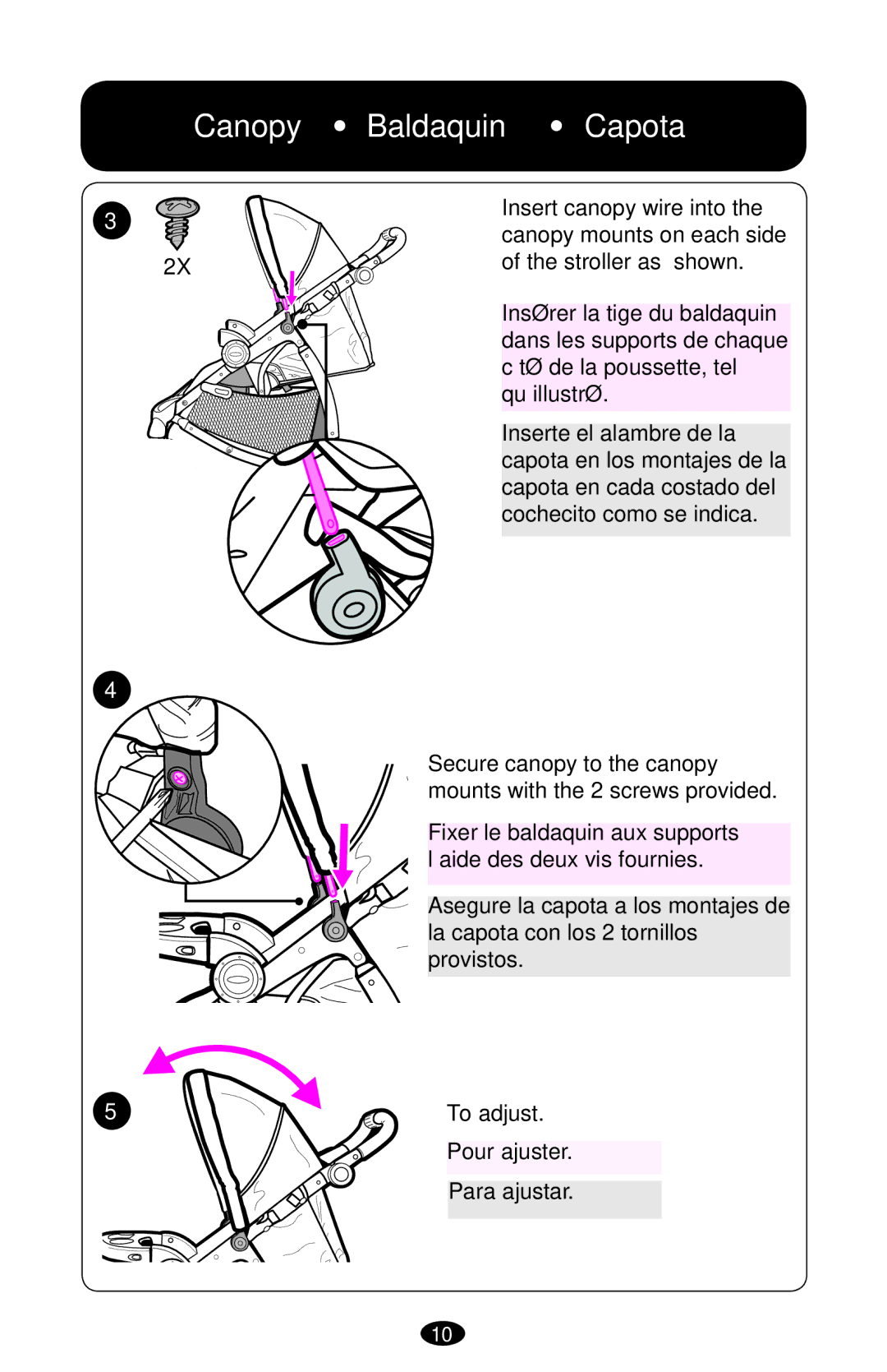 Graco 1763001 manual Canopy ss Baldaquin ss Capota 