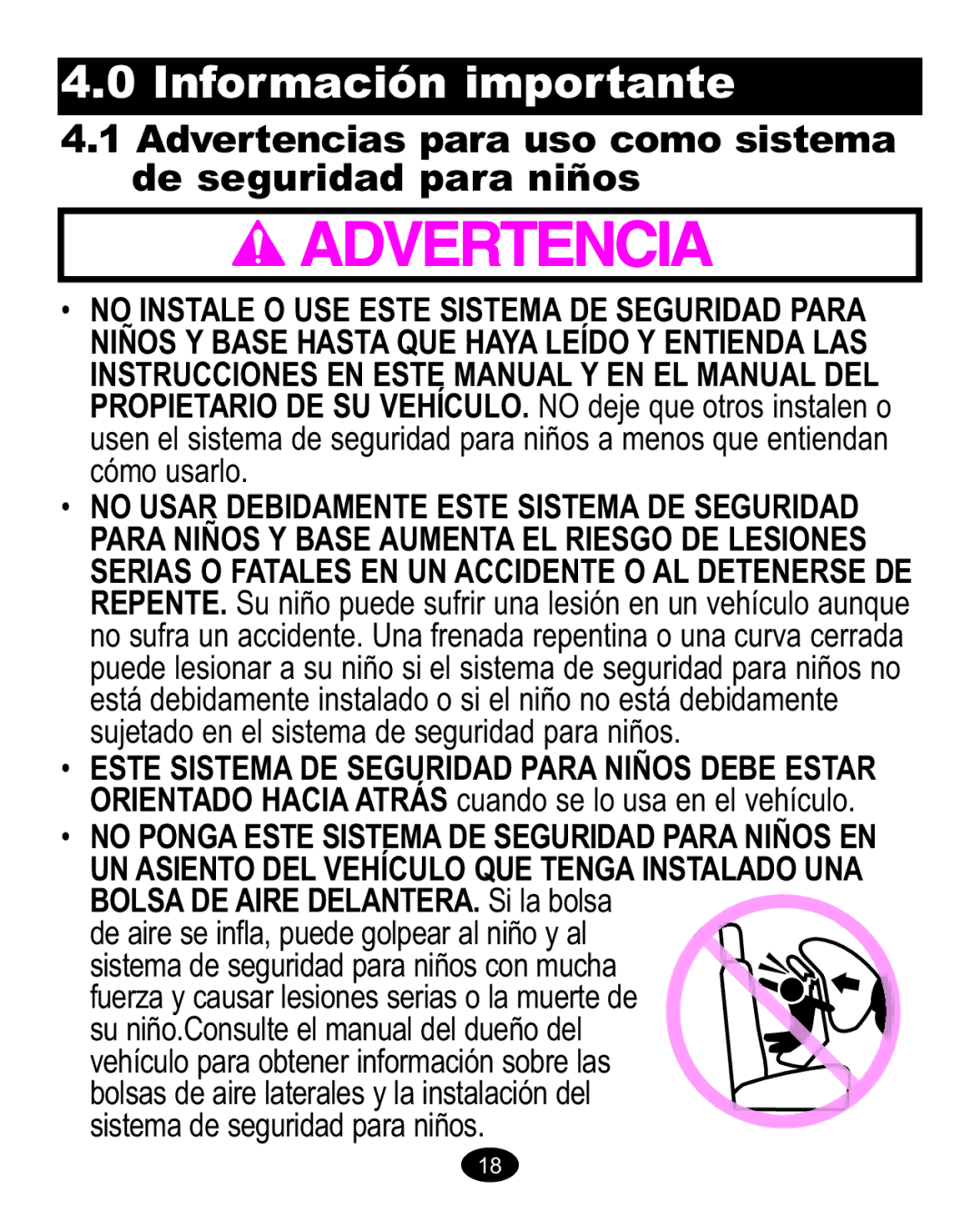 Graco 1763001 Advertencias para uso como sistema de seguridad para niños, No Instale O USE Este Sistema DE Seguridad Para 