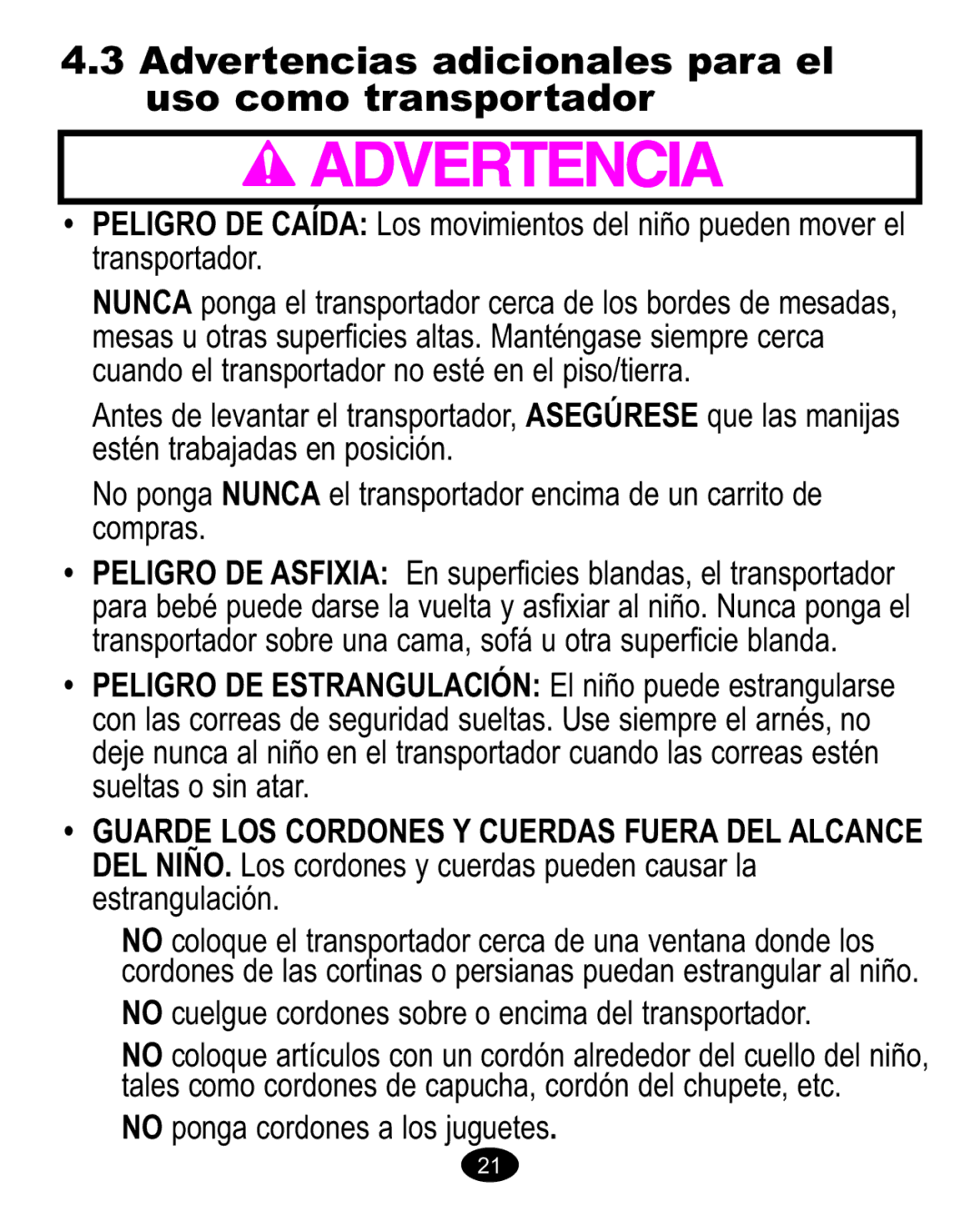 Graco 1763001 manual Advertencias adicionales para el uso como transportador 