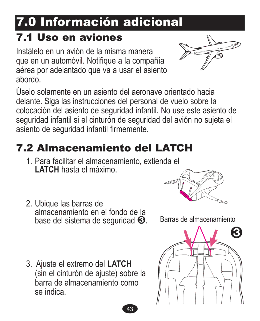 Graco 1763001 manual Uso en aviones, Almacenamiento del Latch 