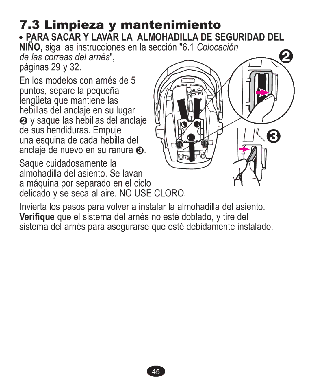 Graco 1763001 manual Limpieza y mantenimiento, Para Sacar Y Lavar LA Almohadilla DE Seguridad DEL 