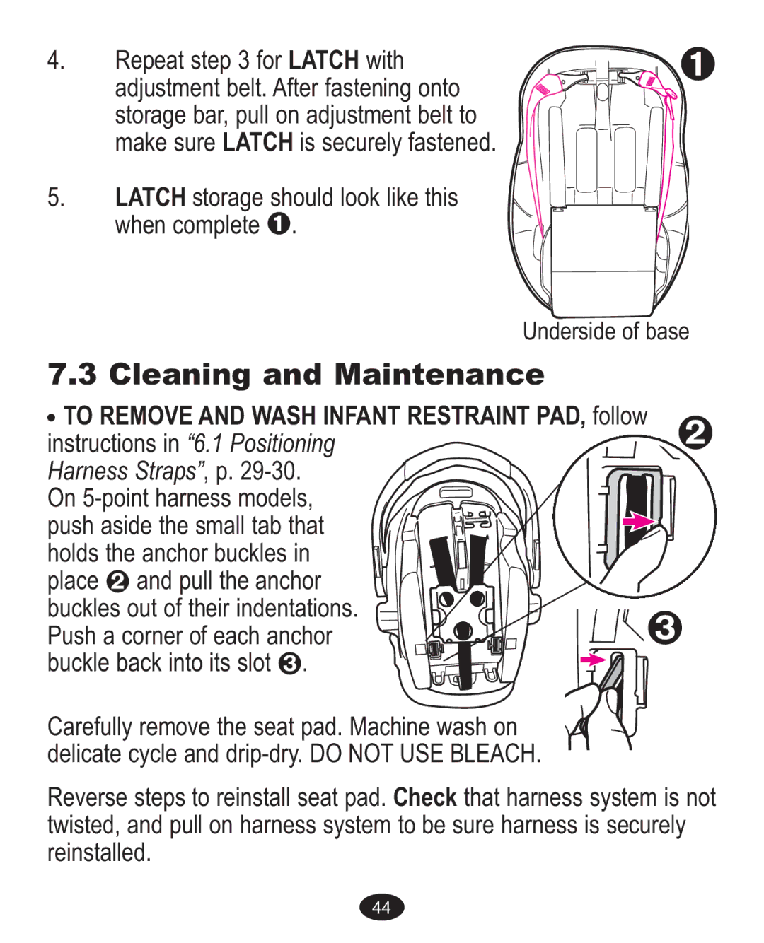 Graco 1763001 manual Cleaning and Maintenance, To Remove and Wash Infant Restraint PAD, follow 