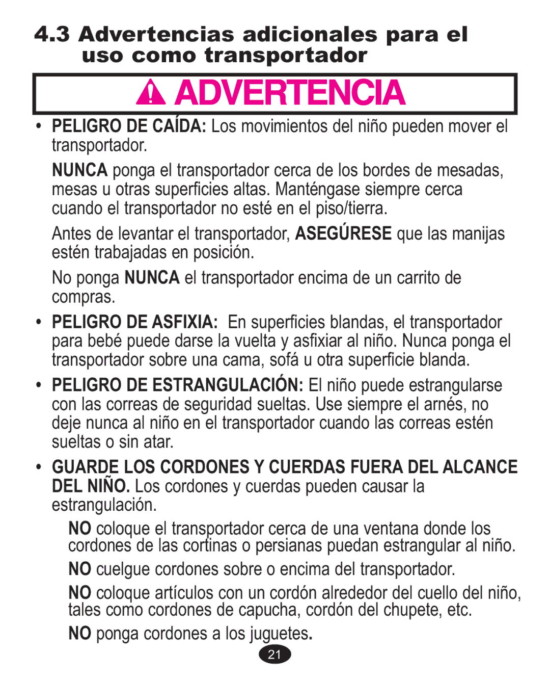 Graco 1760447, 1763584 owner manual Advertencias adicionales para el uso como transportador 