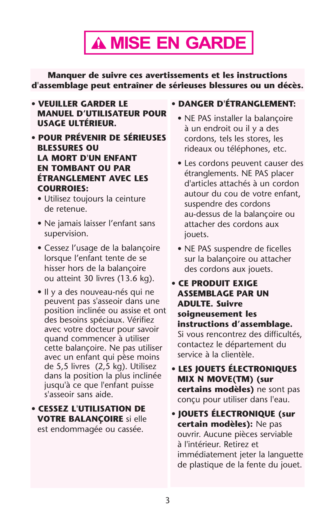 Graco 1764443, 1763863 Manuel D’UTILISATEUR Pour Usage Ultérieur, SsPOUR Prévenir DE Sérieuses, SsDANGER Détranglement 