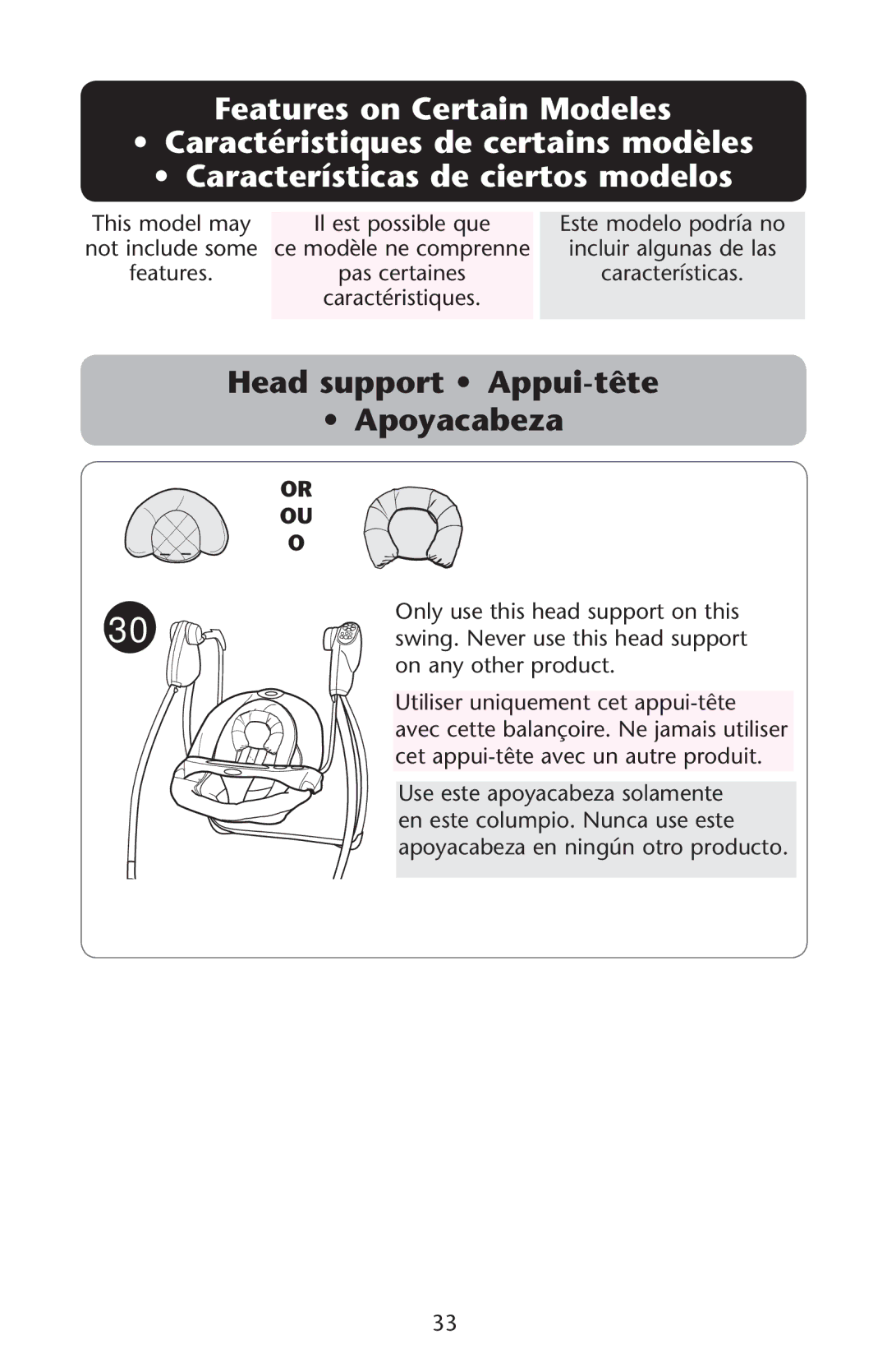 Graco 1764443, 1763863, 1763005, 1761531, PD120911A Features on Certain Modeles, EAD SUPPORTPss !PPUITÐTE Ss !POYACABEZA 