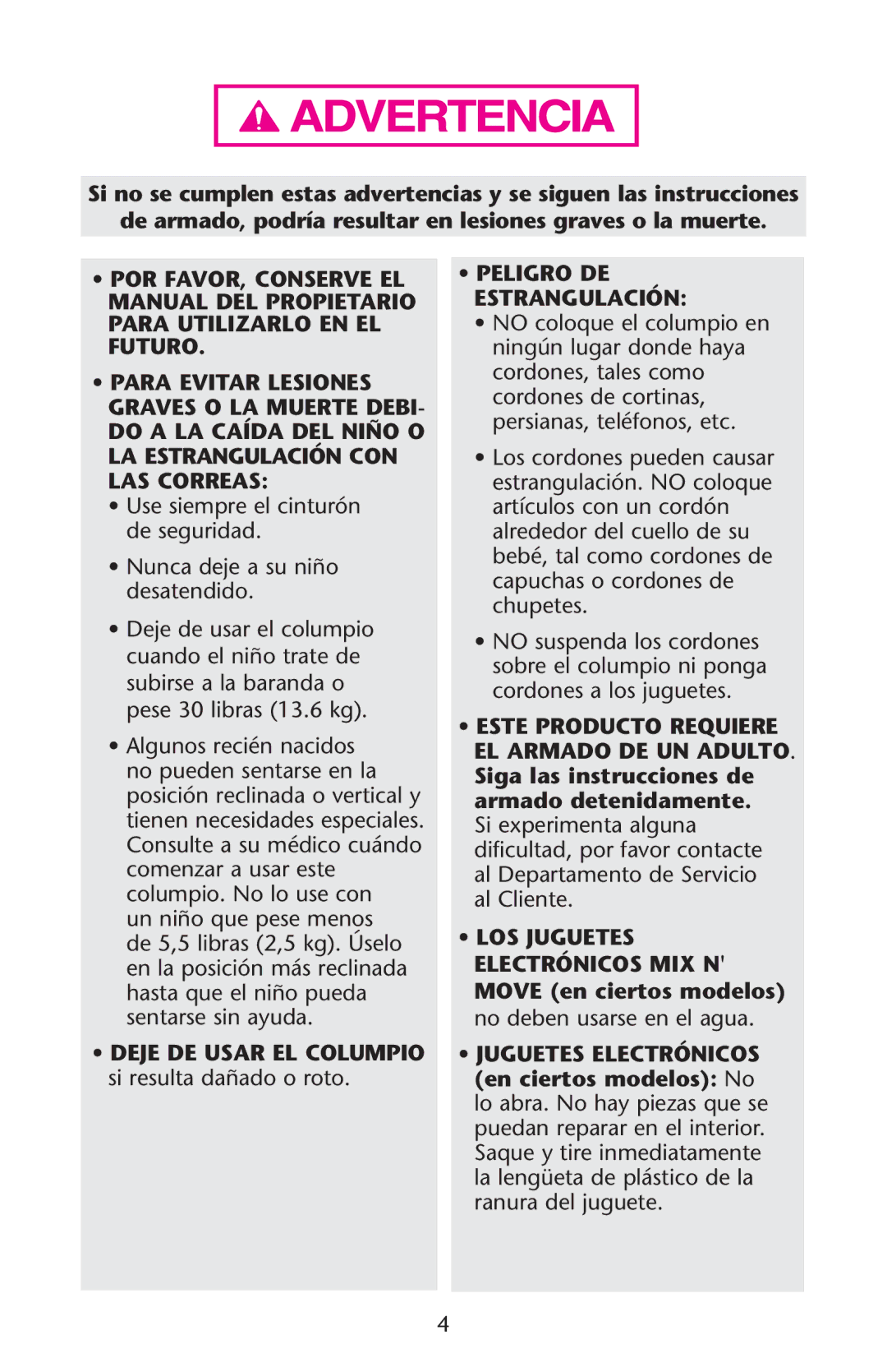 Graco PD120911A Manual DEL Propietario Para Utilizarlo EN EL Futuro, SsPARA Evitar Lesiones, SsPELIGRO DE, Estrangulación 