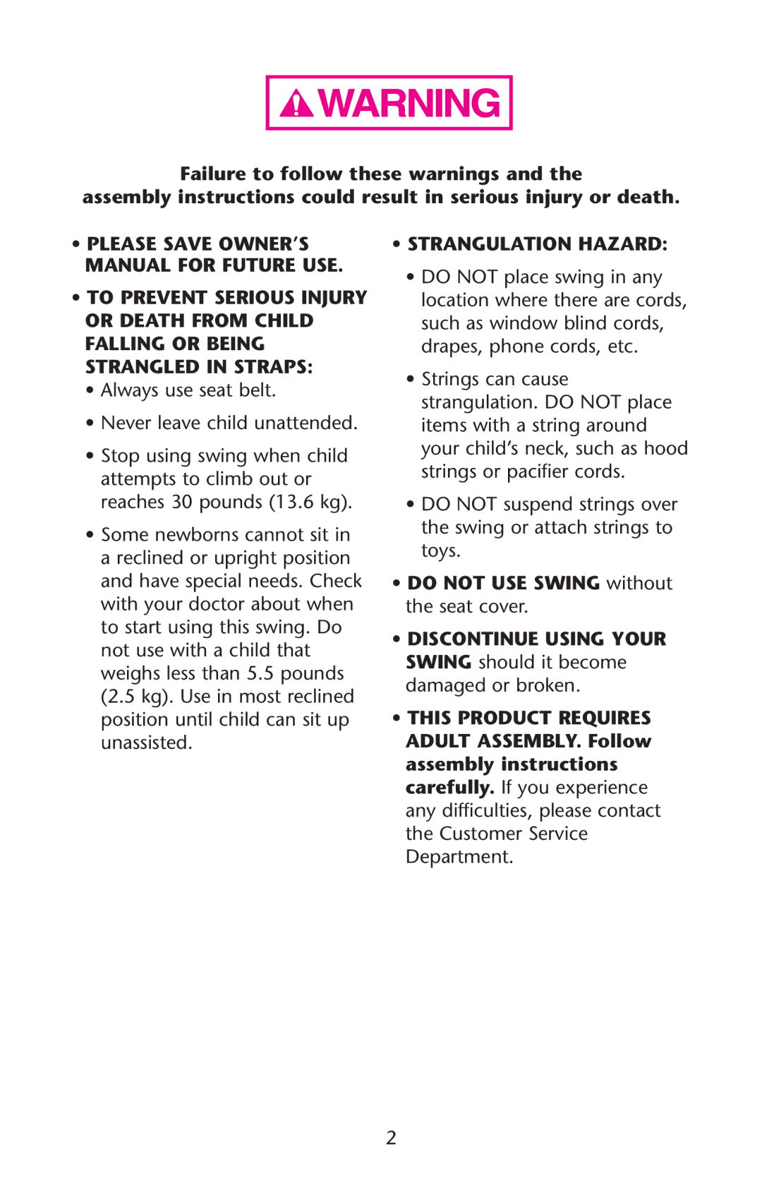 Graco PD118653A, 1764030, 1761304 owner manual Manual for Future USE, SsTO Prevent Serious Injury, SsSTRANGULATION Hazard 