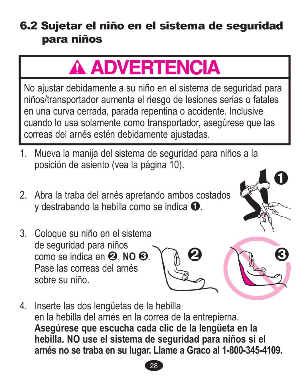 Graco 1773134, 1770580, 1760973, 1762155 owner manual Sujetar el niño en el sistema de seguridad para niños 