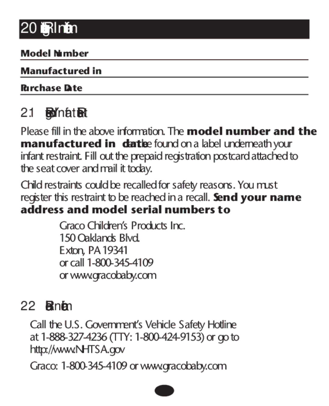 Graco 1760973, 1773134, 1770580, 1762155 Registration Information, Register Your Infant Restraint, Recall Information 