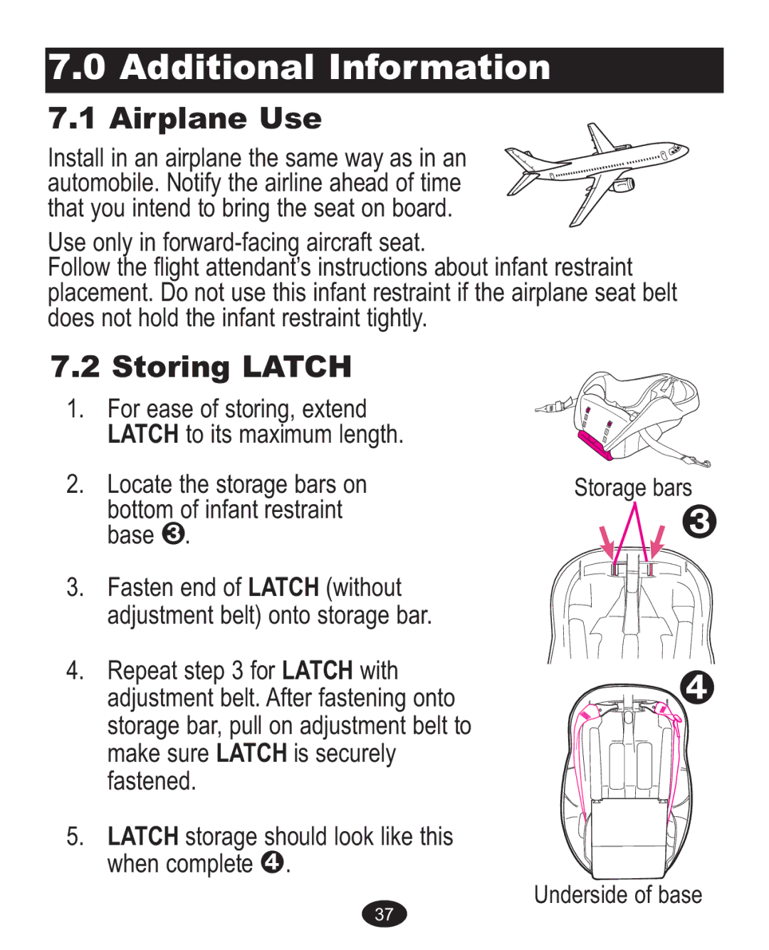 Graco 1770580, 1773134, 1760973, 1762155 owner manual Additional Information, Airplane Use, Storing Latch 