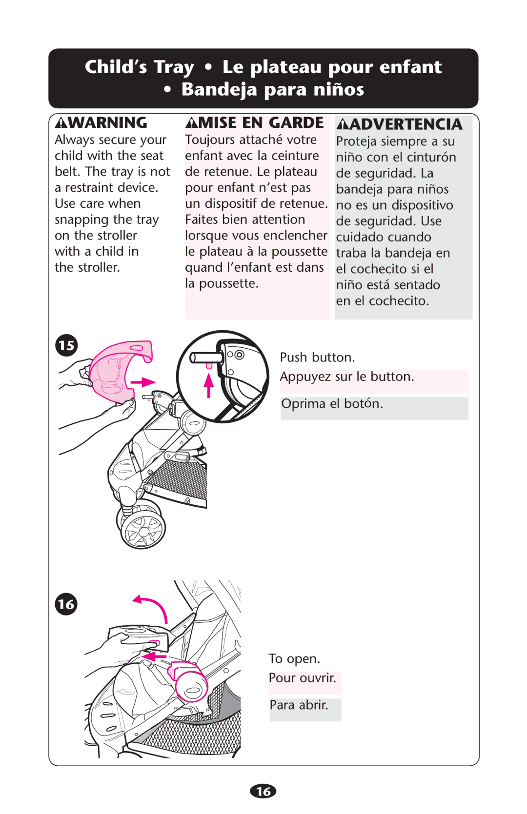 Graco 1774832, 1776435 owner manual Child’s Tray Le plateau pour enfant Bandeja para niños, Mise EN Garde 