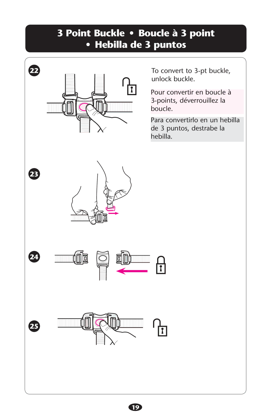 Graco 1776435, 1774832 owner manual Point Buckle Boucle à 3 point Hebilla de 3 puntos 