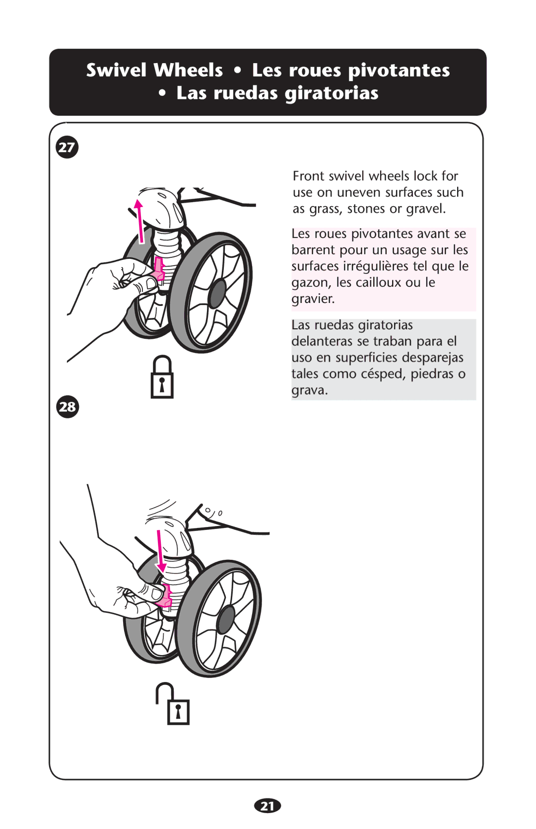 Graco 1776435, 1774832 owner manual Swivel Wheels Les roues pivotantes Las ruedas giratorias 