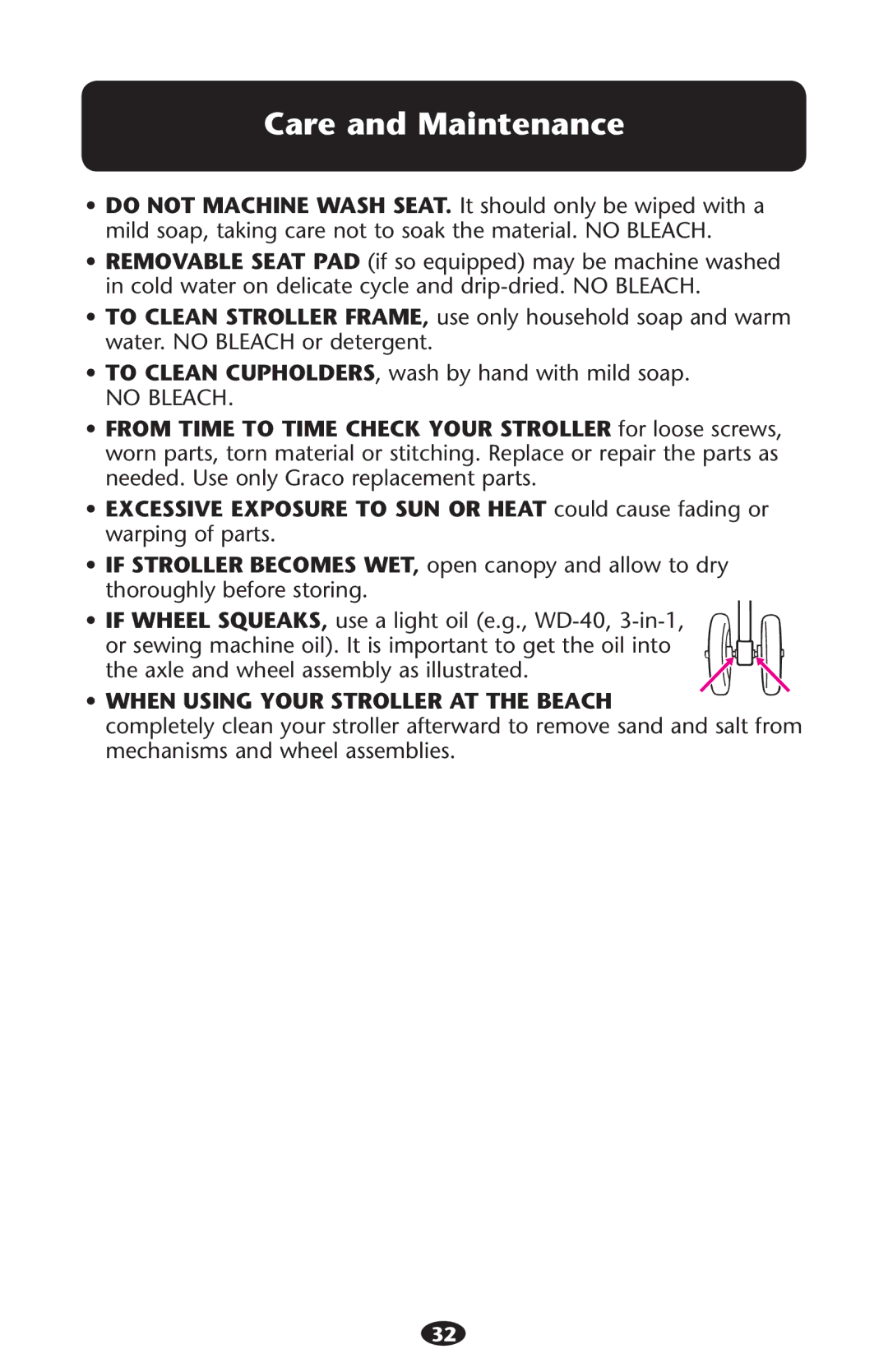 Graco 1774832, 1776435 owner manual Care and Maintenance, When Using Your Stroller AT the Beach 