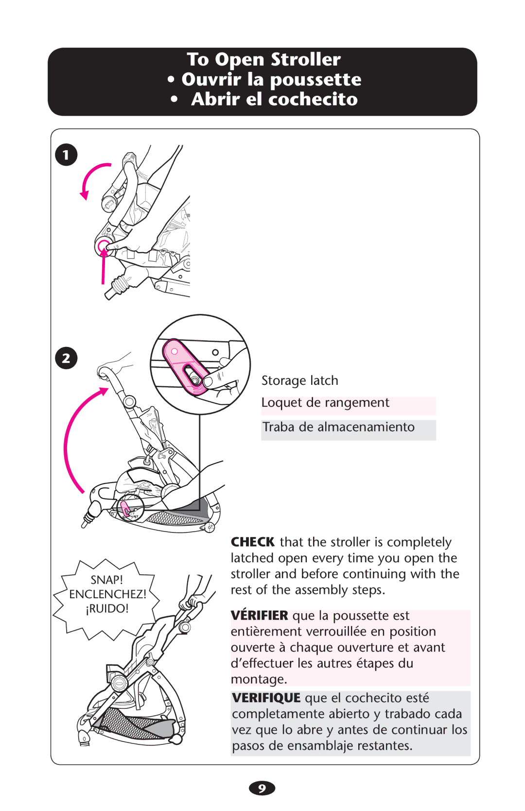 Graco 1776435, 1774832 owner manual To Open Stroller Ouvrir la poussette Abrir el cochecito 