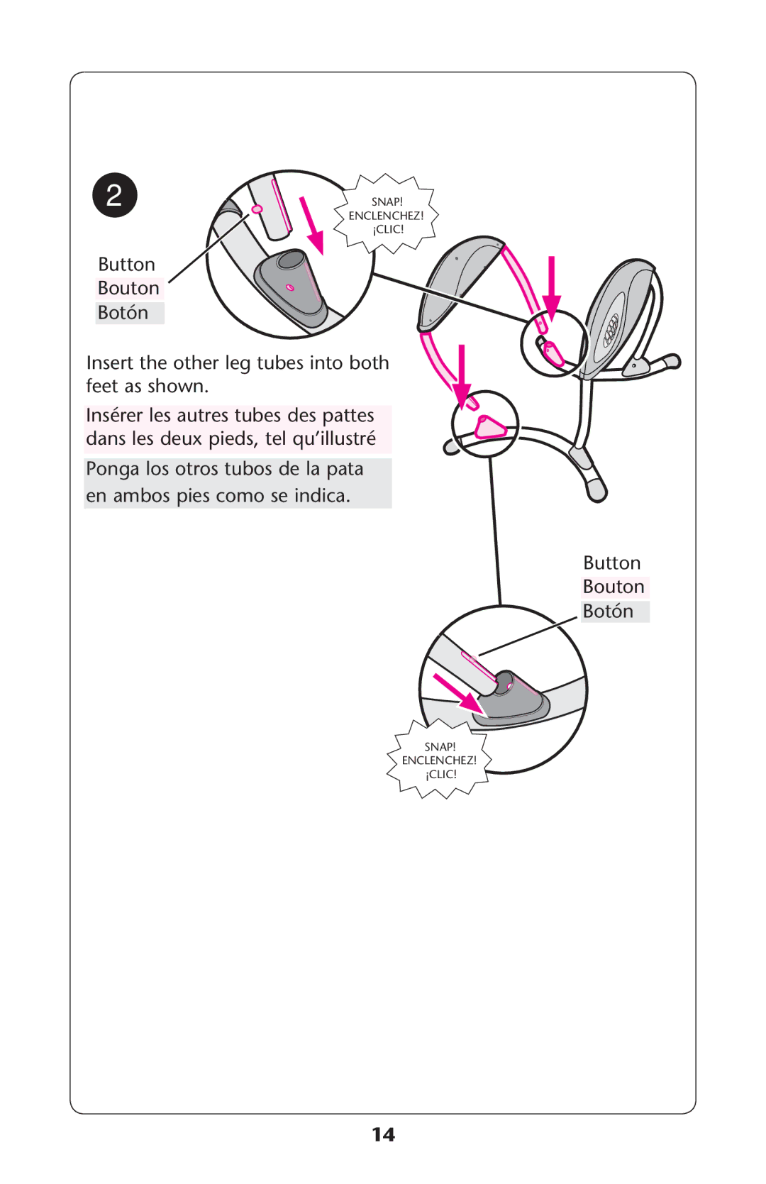 Graco 1857155 owner manual Button Bouton, Nsert Thehotherhlegetubesbinto Both Feet AS SHOWN 