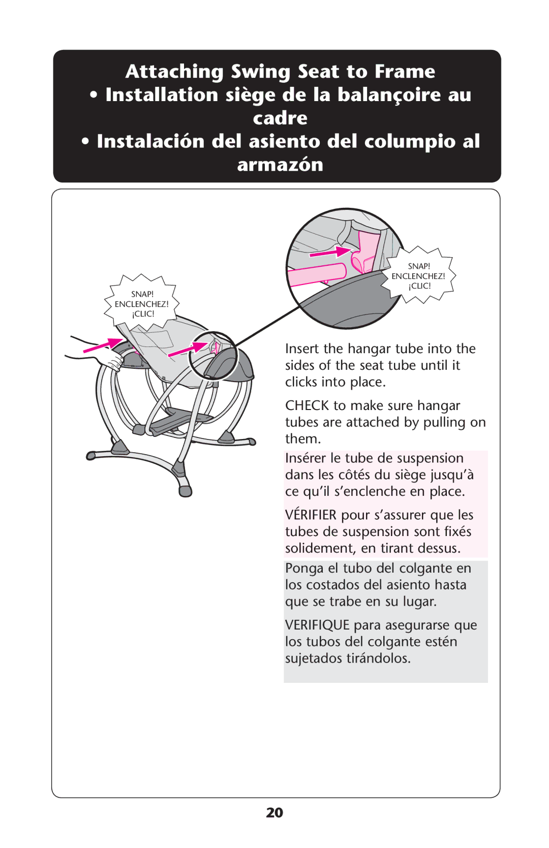 Graco 1857155 owner manual Attaching Swing Seat to Frame, Cadre, Queuse Trabeaen SU LUGAR 