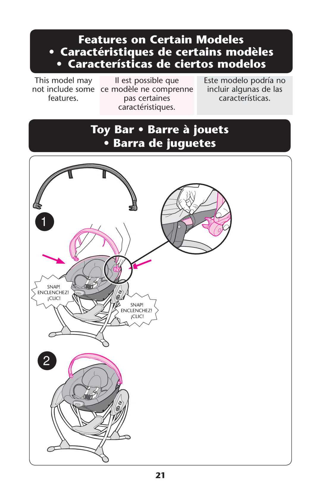 Graco 1857155 owner manual Features on Certain Modeles, 4OY ARAssARRERÌÌJOUETS SsARRARDE Juguetes, Este modelo podría no 