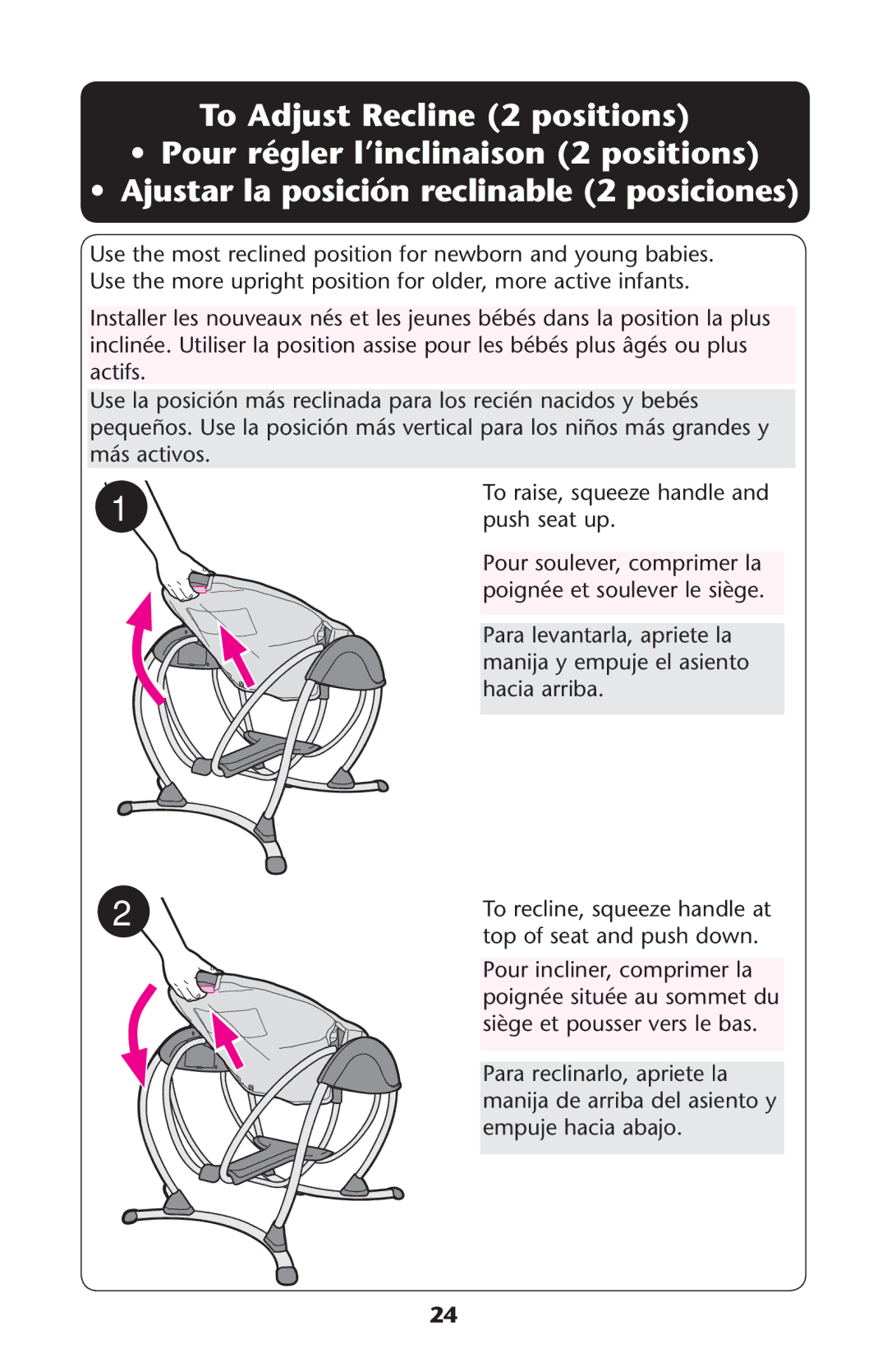 Graco 1857155 owner manual To Adjust Recline 2 positions, Poignïeget Soulever LE SIÒGE 