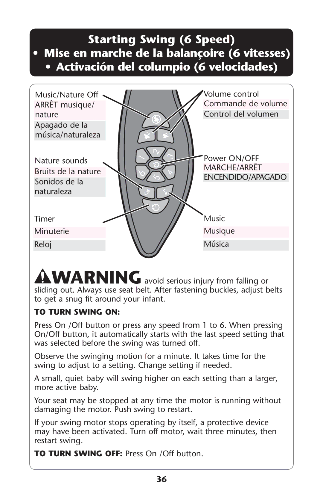 Graco 1857155 owner manual Starting Swing 6 Speed, Naturaleza 4IMER, 2ELOJ, Þsica, To Turn Swing OFF 0RESSE/N /FF BUTTON 