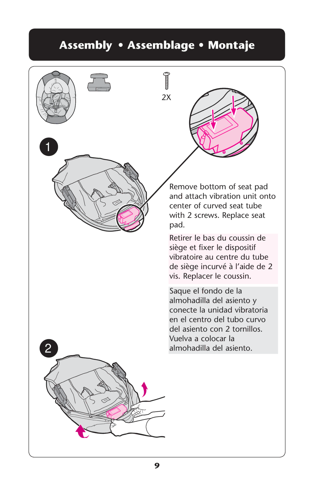Graco 1857155 owner manual Ssembly ss!SSEMBLAGE ss-ONTAJE, Saque el fondo de la almohadilla del asiento y 
