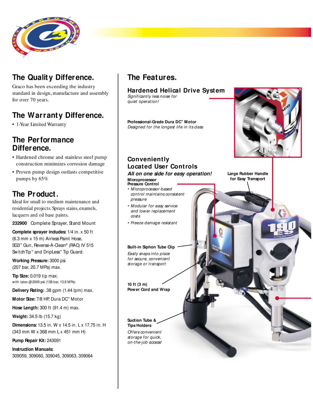 Graco 190ES manual Quality Difference, Warranty Difference, Performance Difference, Features, Product 