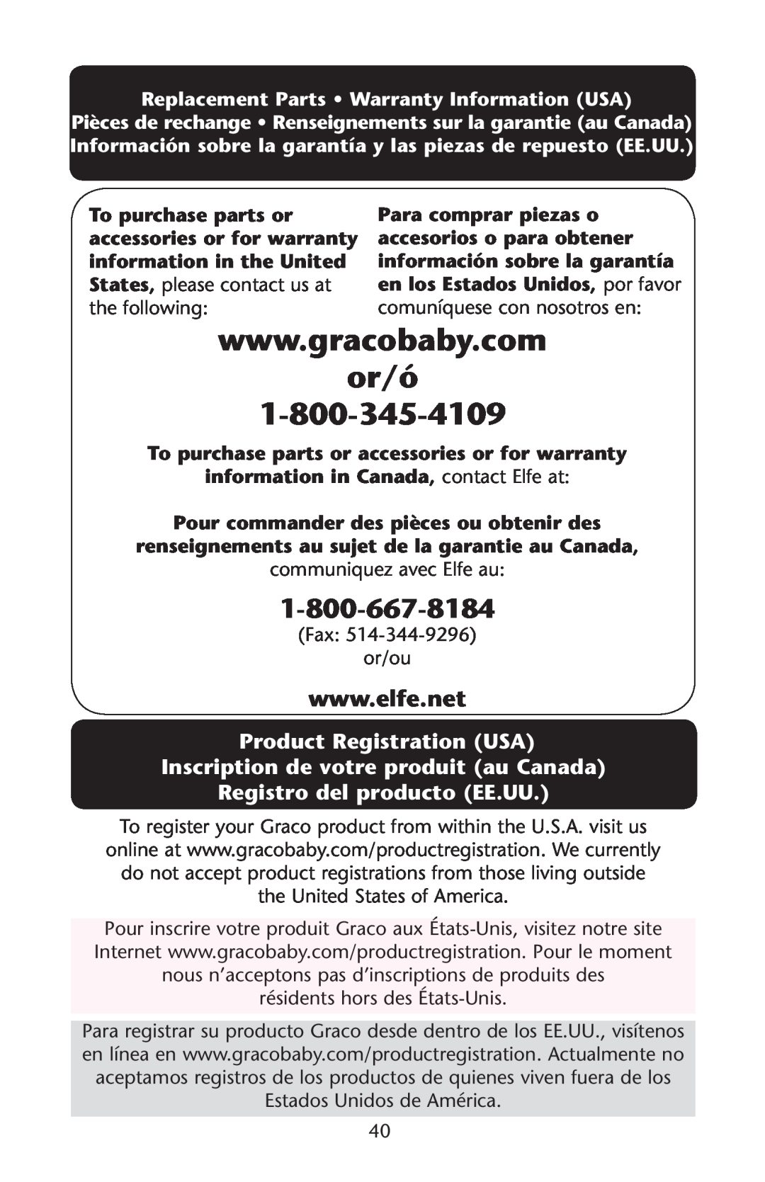Graco 1C06WYN Product Registration USA Inscription de votre produit au Canada, Registro del producto EE.UU, or/ó 