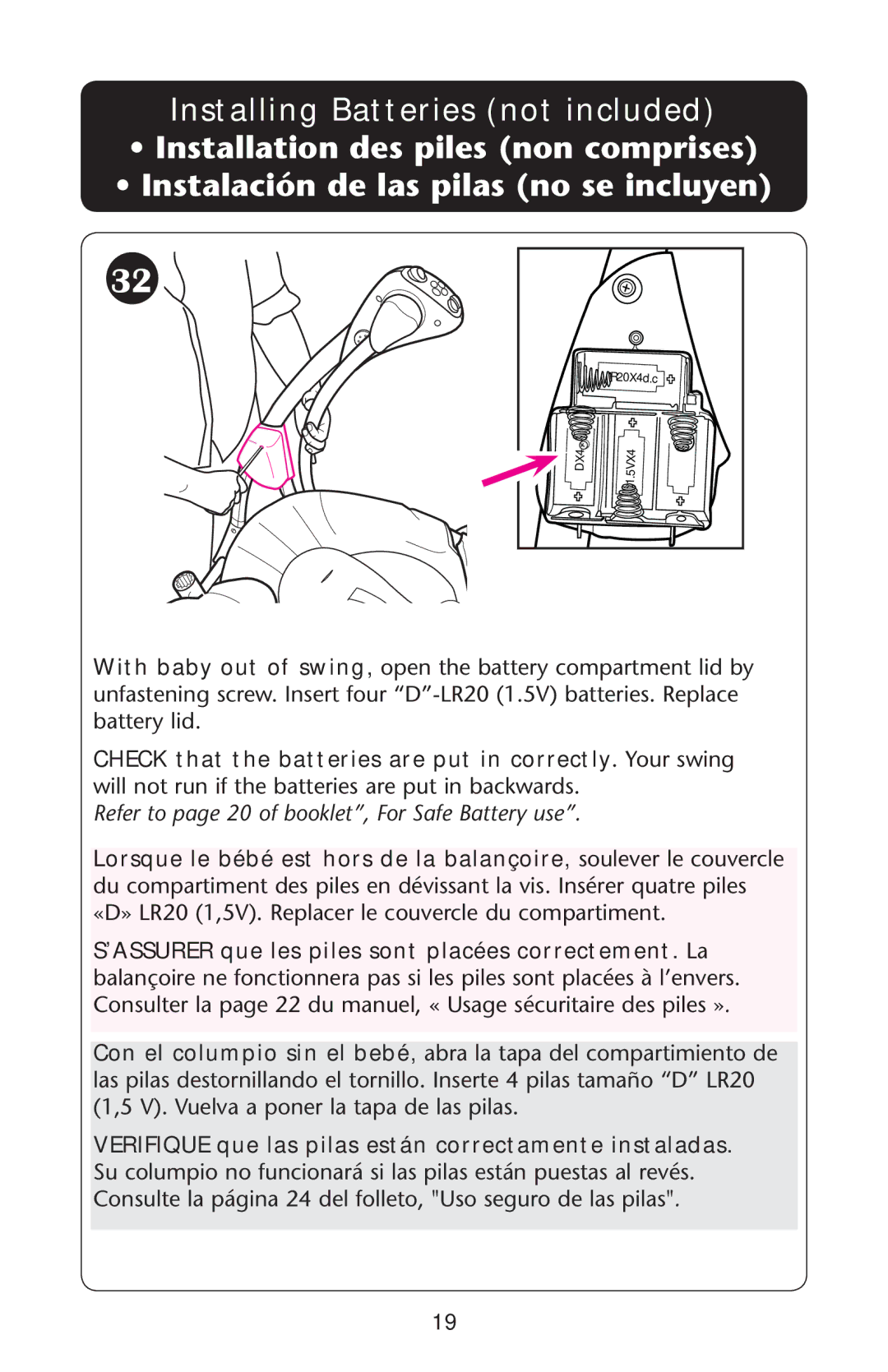 Graco 1C06WYN owner manual Refer to page 20 of booklet, For Safe Battery use 