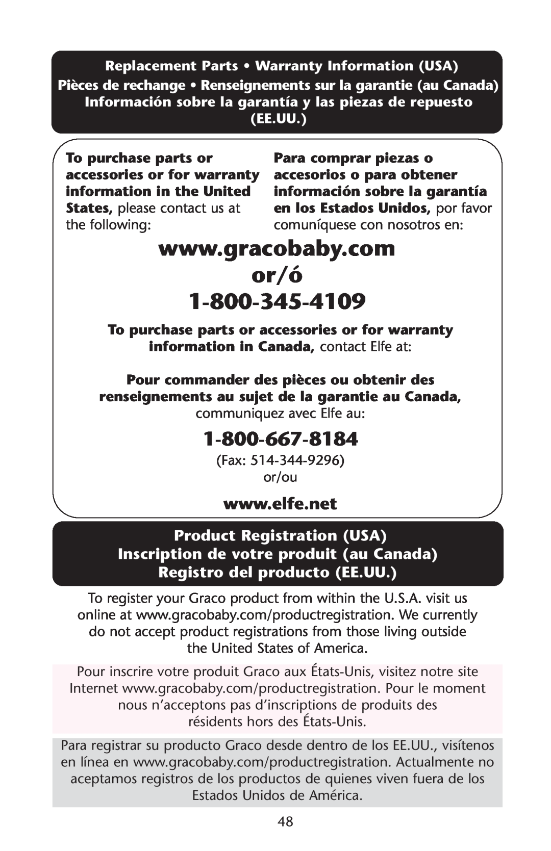 Graco 1D02JON Product Registration USA Inscription de votre produit au Canada, Registro del producto EE.UU, or/ó 