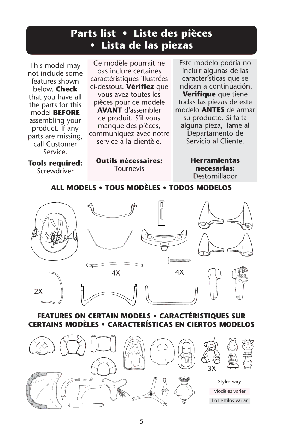 Graco 1D02JON owner manual Parts list Liste des pièces Lista de las piezas, ALL Models Tous Modèles Todos Modelos 