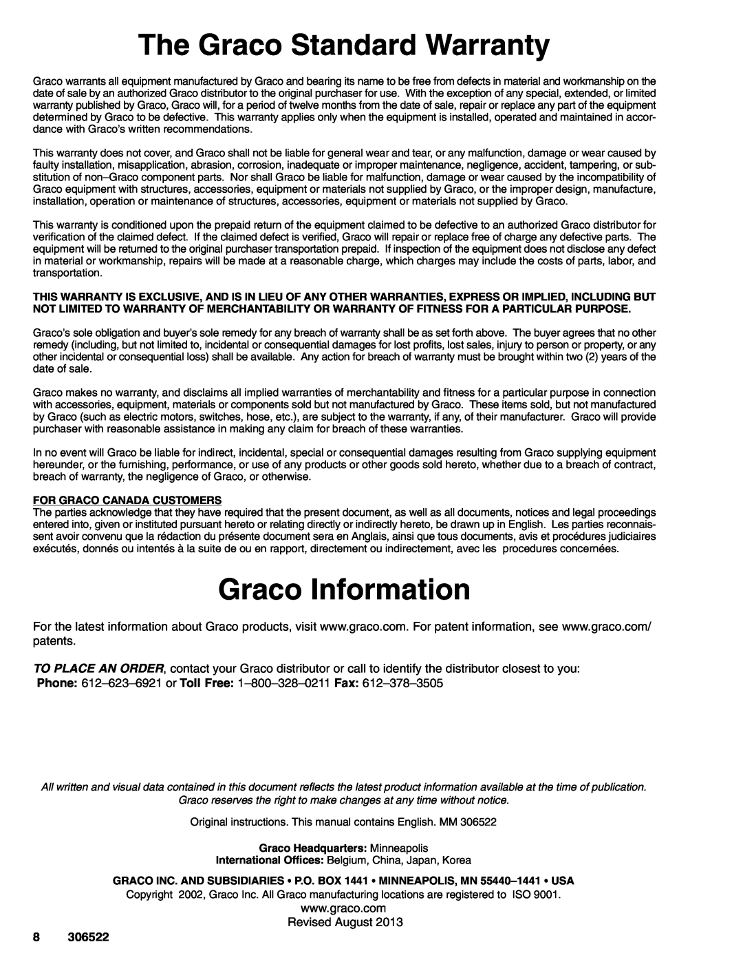 Graco 204124 The Graco Standard Warranty, Graco Information, For Graco Canada Customers, Graco Headquarters Minneapolis 