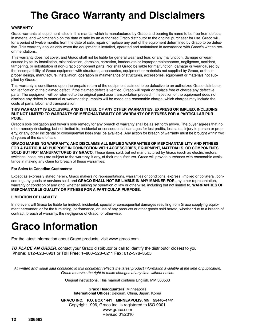 Graco 204500, 204501, 203831 important safety instructions Graco Warranty and Disclaimers, Graco Information 