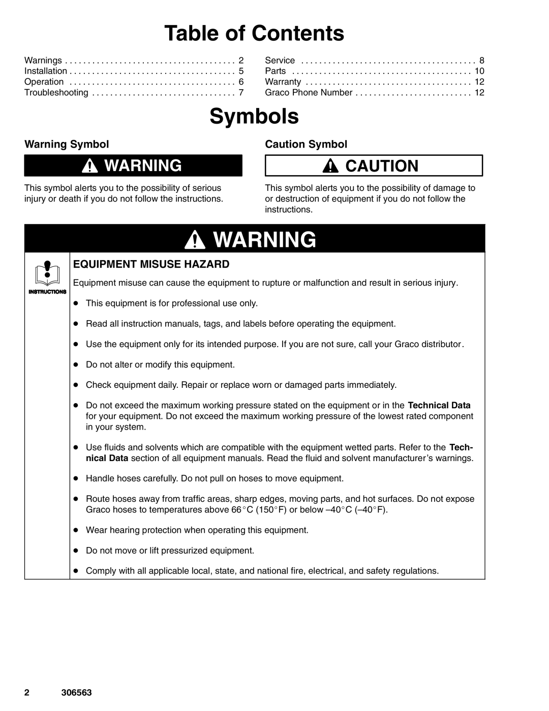 Graco 203831, 204500, 204501 important safety instructions Table of Contents, Symbols, Equipment Misuse Hazard 