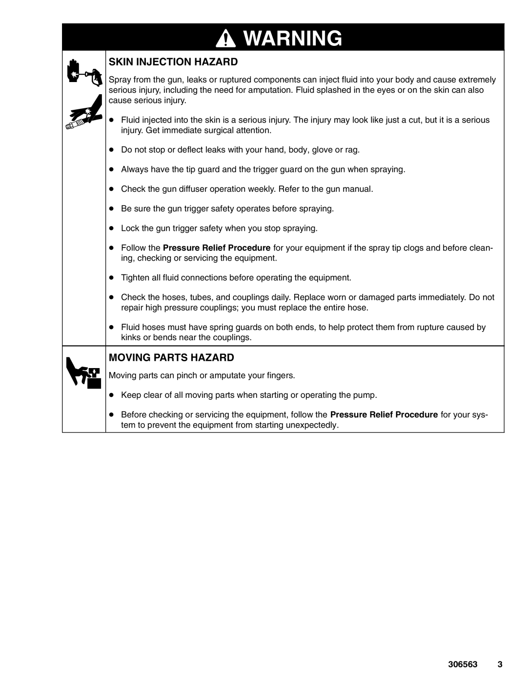 Graco 204500, 204501, 203831 important safety instructions Skin Injection Hazard, Moving Parts Hazard 