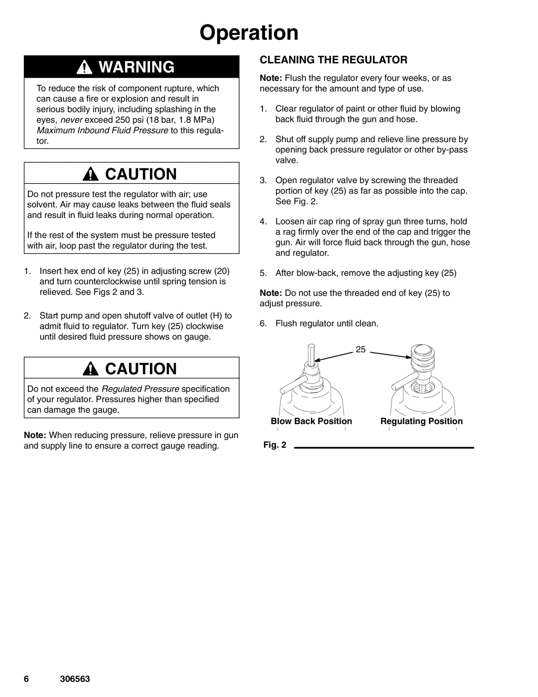 Graco 204500, 204501, 203831 important safety instructions Operation, Cleaning the Regulator 