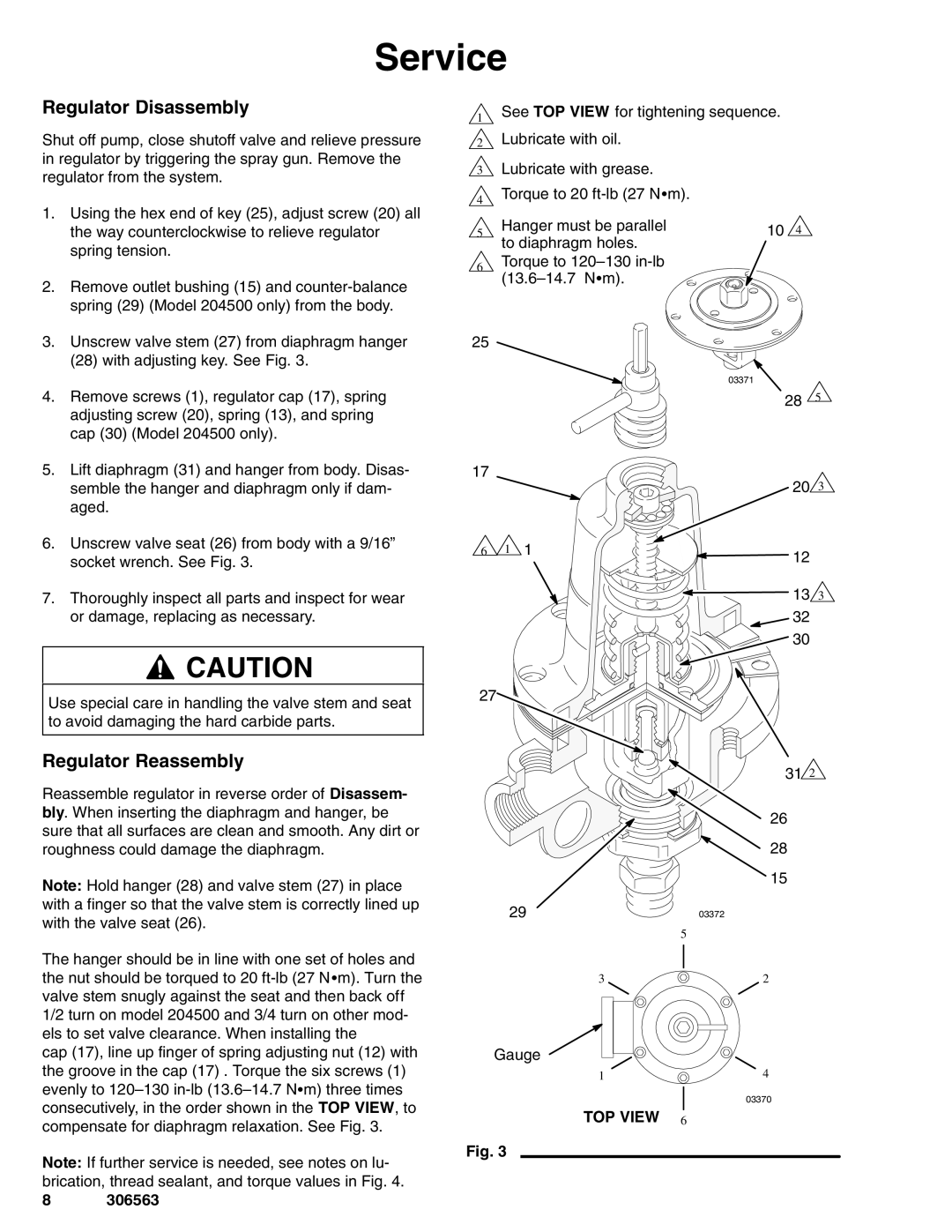 Graco 203831, 204500, 204501 important safety instructions Service, Regulator Disassembly 