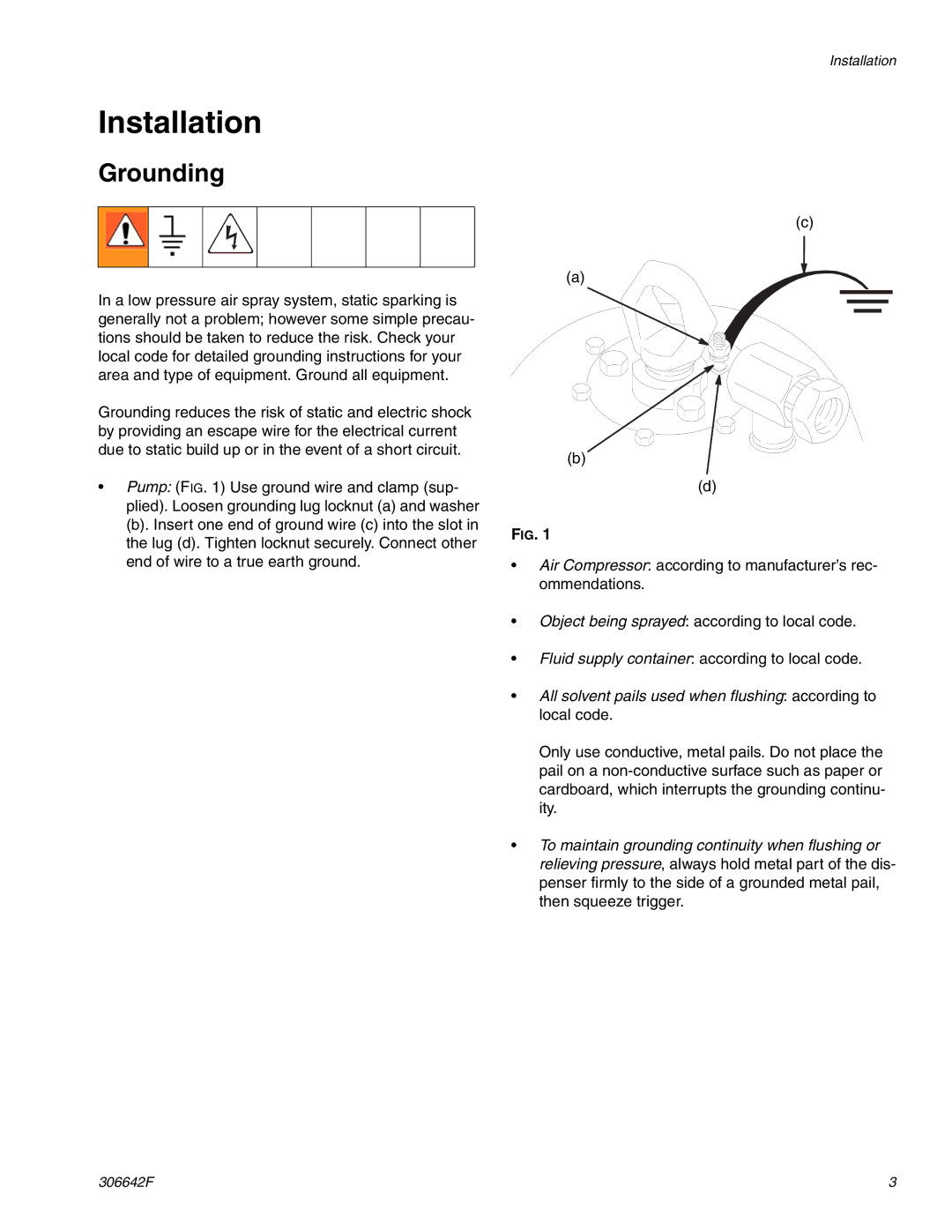 Graco 205148 important safety instructions Installation, Grounding 