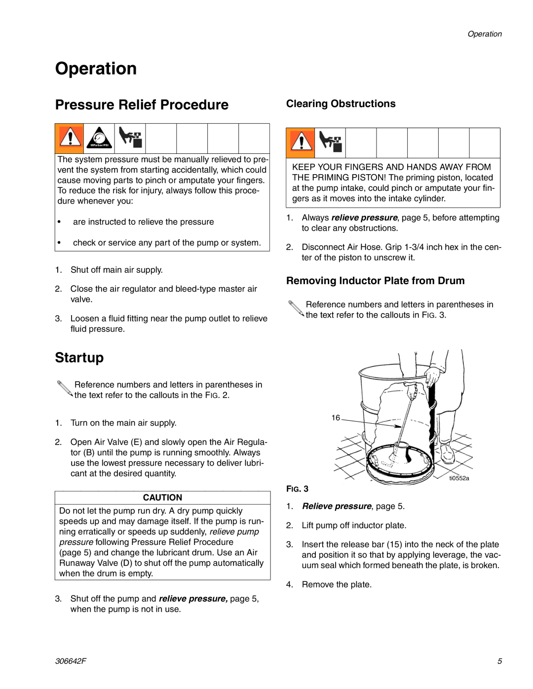 Graco 205148 Operation, Pressure Relief Procedure, Startup, Clearing Obstructions, Removing Inductor Plate from Drum 