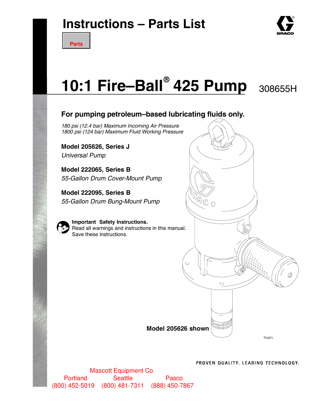 Graco important safety instructions Instructions Parts List, Model 205626, Series J, Model 222065, Series B 