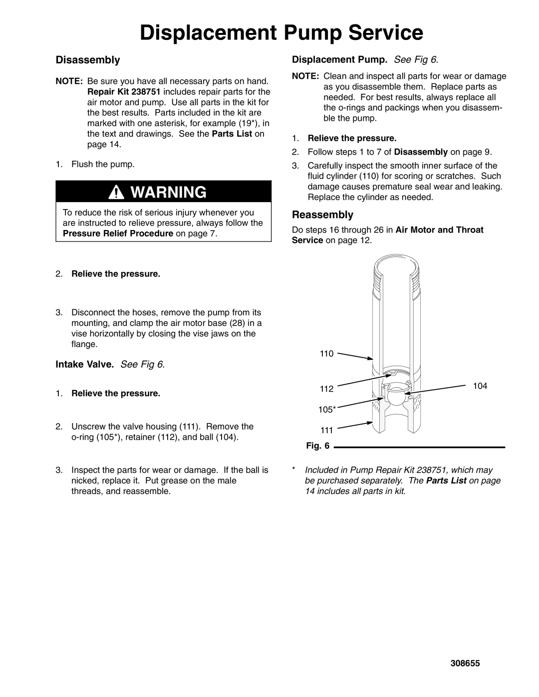 Graco 205626 important safety instructions Displacement Pump Service, Intake Valve. See Fig 