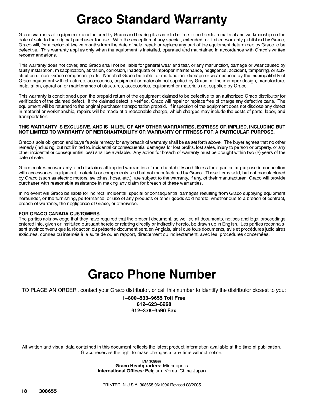 Graco 205626 important safety instructions Graco Standard Warranty, Graco Phone Number, Toll Free 